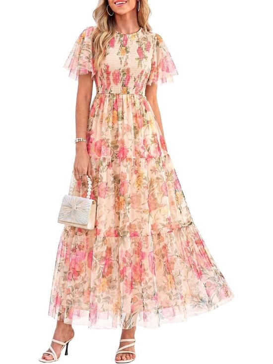 Dresses & Skirts - 〽️Apricot Floral Boho Maxi Dress Women’s Flutter Sleeve Smocked Tiered Gown